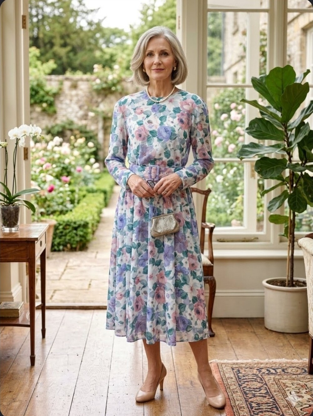 vtg Willow Ridge Prairie Floral Cottage Dress 18 Belted long Sleeve.